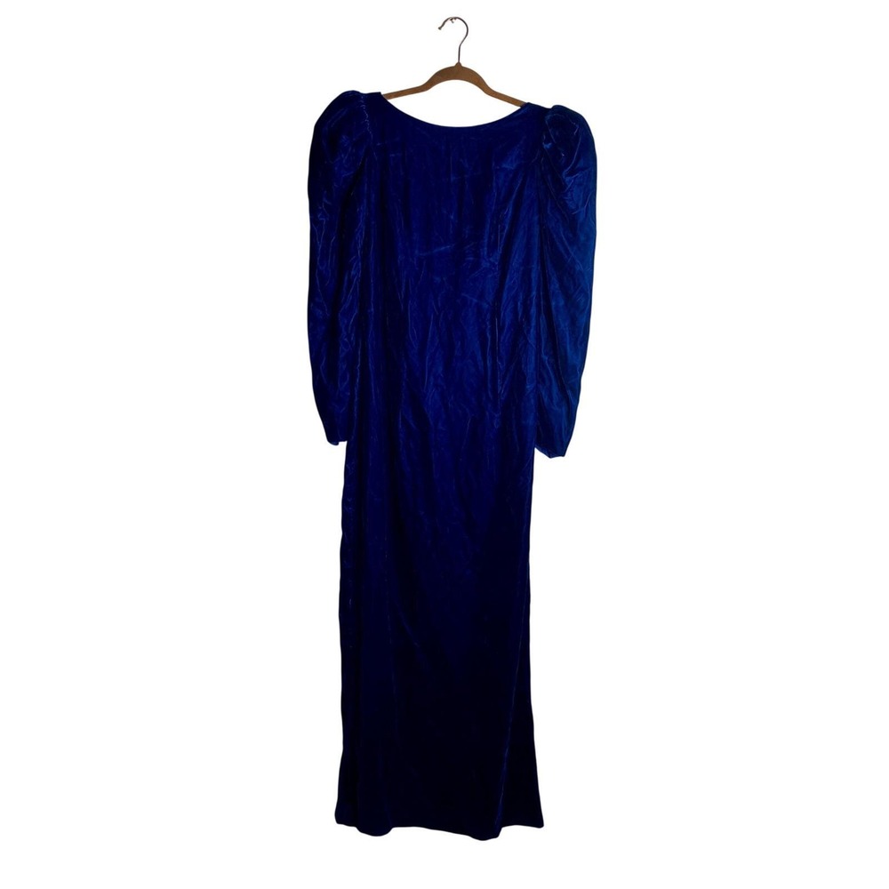 Vtg 70s ILGWU Blue Velvet Maxi Dress Rhinestone Puff Sleeve Whimsigoth Prom